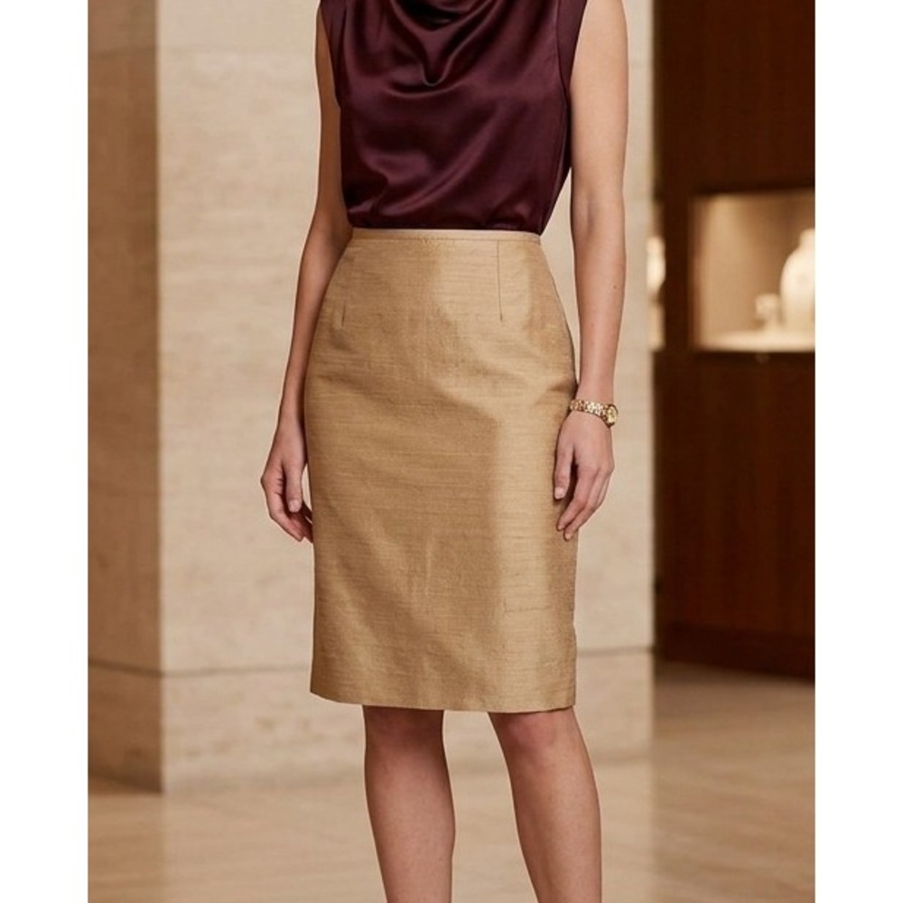 KASPER PETITE 10P Golden Beige 100% Silk Pencil Skirt‎ Lined Back Vent Career
